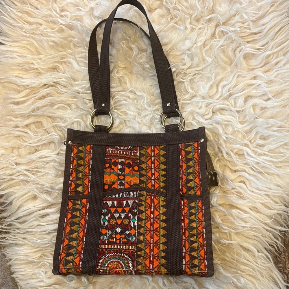 Vintage 1960s Victoria tapestry fabric tote bag tribal design